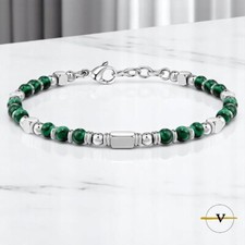 BRACCIALE UOMO DONNA MALACHITE PERLE PIETRE DURE NATURALI ACCIAIO INOSSIDABILE