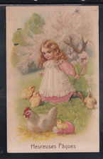 Cartolina Heureuses Paques Buona Pasqua Bambina Pulcini Gallina RILIEVO ZB895