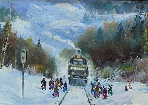 Dipinto olio treno - di, montagna