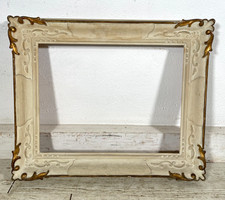 ANTICA PICCOLA CORNICE DORATA BIANCA LEGNO SCOLPITO 58 cm x 48 cm EPOCA '900