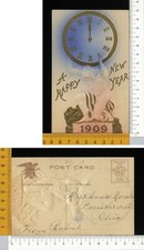 V605] BUON ANNO DATA 1909 -  NUMERI GRANDI E UOMO CHE SOSTIENE GLOBO OROLOGIO