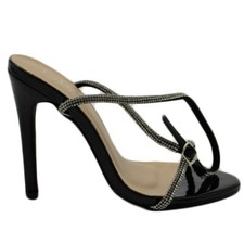 Sandalo gioiello nero donna tacco 12 fascia sottile di strass luccicanti cerimon