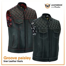 Gilet Leatherick da uomo in pelle grana scanalata biker club fodera paisley