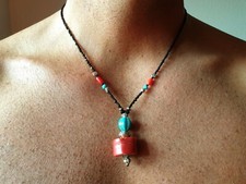 ❤?COLLANA  PIETRE DURE CORALLO E TURCHESE  UOMO DONNA. PENDENTE.  NEPAL  ❤ 