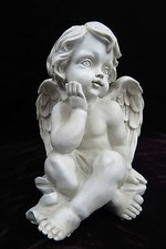 Figura di Angelo Scultura Seduto Antico-Bianco Wach Statuetta Elfenbein-Farben