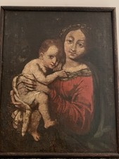 Dipinto Antico Olio Madonna Con Bambino  - Barocco XVII - Tela Restaurata