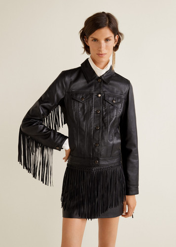 Giacca pelle nera frange - , donna