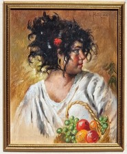 Luca Postiglione (  Napoli 1876 - 1936 ). Popolana con cesto di frutta.