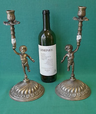 PREZIOSA COPPIA DI ANTICHI CANDELABRI CANDELABRO OTTONE PUTTO META'  '800. AW39