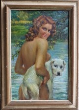 Giuseppe Maldarelli (Napoli 1885-1958) Nudo/Donna al fiume con cane, olio tavola