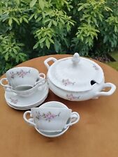 Zuppiera Laveno con 4 tazze da brodo e piatto, prima metà del 900,fiori di pesco