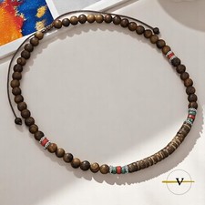 COLLANA UOMO BOHO LEGNO EBANO DIASPRO VERDE AGATA ROSSA PIETRA DURA ACCIAIO INOX