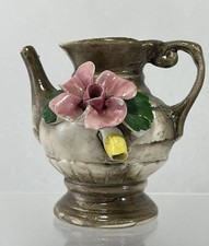Vintage Mini Italian Capodimonte Porcelain Pink Flowers Brown Pitcher 3.5”