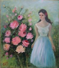 ragazza in tulle tra le rose dipinto olio su tela 60x70 firmato Bevione cat 226