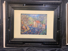 Olio su cartone Case sul fiume