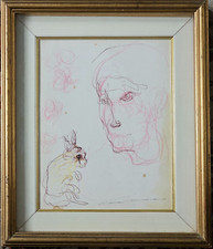 ERNESTO TRECCANI (1920-2009)  Quadro Dipinto su Tela Figura con Coniglio Cornice