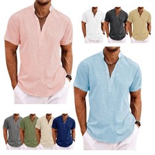 Camicia uomo scollo a V manica corta bottoni blusa camicia tempo libero camicetta soild t-shirt