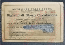 RARA Tessera Biglietto Autolinee Valle Stura - Cuneo Colle Maddalena 1939
