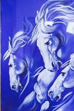 Olio su tela - ROBERTA VITEMI - cavalli rampanti su sfondo blu 50x70