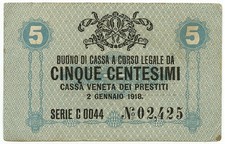 5 CENTESIMI CASSA VENETA DEI PRESTITI OCCUPAZIONE AUSTRIACA 02/01/1918 BB+