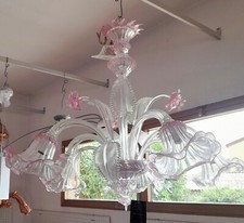 Lampadario sospensione in Vetro di Murano cristallo rosa 5 luci E14 Classico