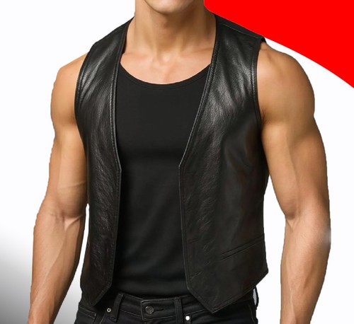 Men black leather biker - men's, vest