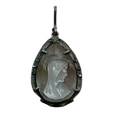 Ciondolo spilla cammeo Madonna Madre Maria conchiglia intagliata argento 800 art deco vintage