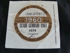 BOLLO ACI TASSA CIRCOLAZIONE MOTOCICLI MOTOCARROZZETTE VESPA SCOOTER EPOCA 1960