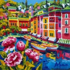 ATHOS FACCINCANI 30x30 serigrafia su cartone " Abbraccio di luce a Portofino "