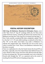 MTM106 - 1862 LETTERA TRANSATLANTICA USA ALLA FRANCIA CITTA' BALTIMORA ERRORE 3 TASSI