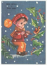 cartolina auguri di Buon Natale vintage bambino flauto uccello agrifoglio