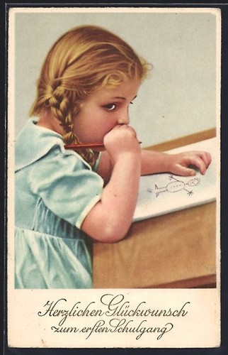 Cartolina ragazze sui banchi - cartolina,