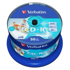 50 CD-R Verbatim PRINTABLE no ID Print STAMPABILI 700MB 52x 80 Min Cake 43438