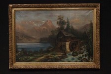 Grande dipinto / quadro paesaggio montano / montagna / mulino / cornice / dorata