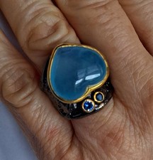 ANELLO ARGENTO ST. 925 BRUNITO E DORATO CON ACQUAMARINA E ZAFFIRI NATURALI