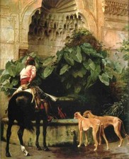 Dipinto olio cavaliere e cane Casa-dalla-caccia-Jean-Leon-Gerome tela