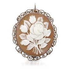 Antico ciondolo spilla cammeo conchiglia argento sterling placcato oro "bouquet floreale"