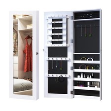 HOMCOM Armadio Portagioie con Specchio a Muro, Ganci e Ripiani in Legno Bianco