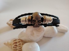 BRACCIALE UOMO DONNA CUOIO NERO REGOLABILE CON TESCHIO