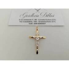 CIONDOLO CROCE Sacra CROCEFISSO CRISTO Pendente In ORO 18 Kt 750% Giallo Bianco 