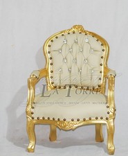 Poltrona Futè baby braccioli sedia  legno LUIGI XV barocco foglia oro ecopelle a