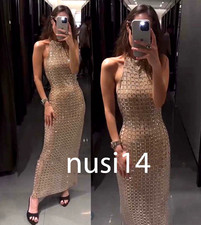 ZARA NUOVO ABITO MIDI DONNA SCINTILLANTE MAGLIA HALTER CHAMPAGNE XS-XXL 4772/264/713