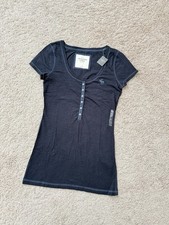 T-shirt donna Abercrombie & Fitch manica corta blu navy Henley nuova con etichette taglia S