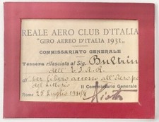 REALE AERO CLUB D’ITALIA TESSERA COMMISSARIATO GENERALE GIRO AEREO D’ITALIA 1931