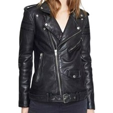 Giacca Motociclista BLK DNM Pelle Nera Donna M Zip Bomber Cappotto Fibbia Cintura