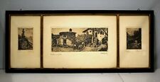 ANTICO QUADRO TRITTICO STAMPA INCISIONI LITOGRAFIA PAESAGGIO MONTI BAITA FIGURE