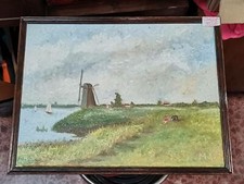 dipinto quadro panorama su lago mare con mulino e barche firmato M. J. 