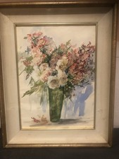 Quadro antico ‘900 fiori con vaso, acquerello