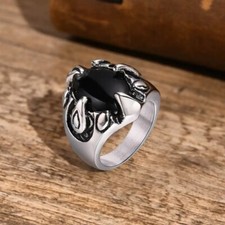anello uomo in acciaio inox con pietra nera hip-hop punk biker faschion moda