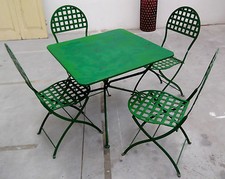 SET TAVOLO + 4 SEDIE PIEGHEVOLI DA GIARDINO IN FERRO BATTUTO ORIGINALE ANNI 50